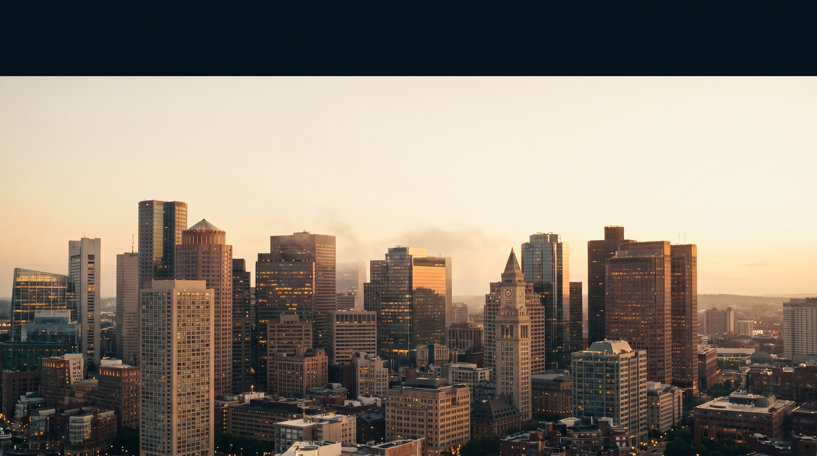 Boston financial district skyline at golden hour
