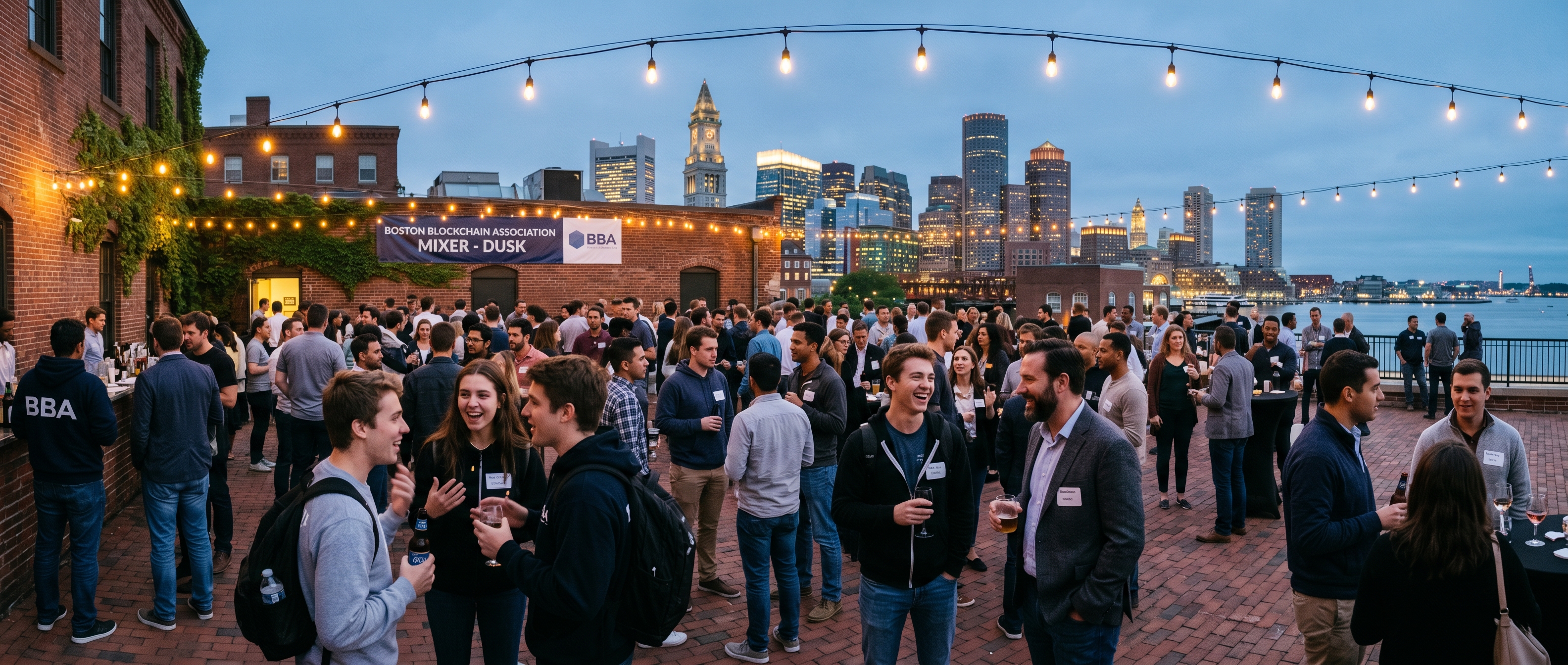 A BBA networking gathering on a Boston rooftop at dusk, string lights overhead, skyline behind